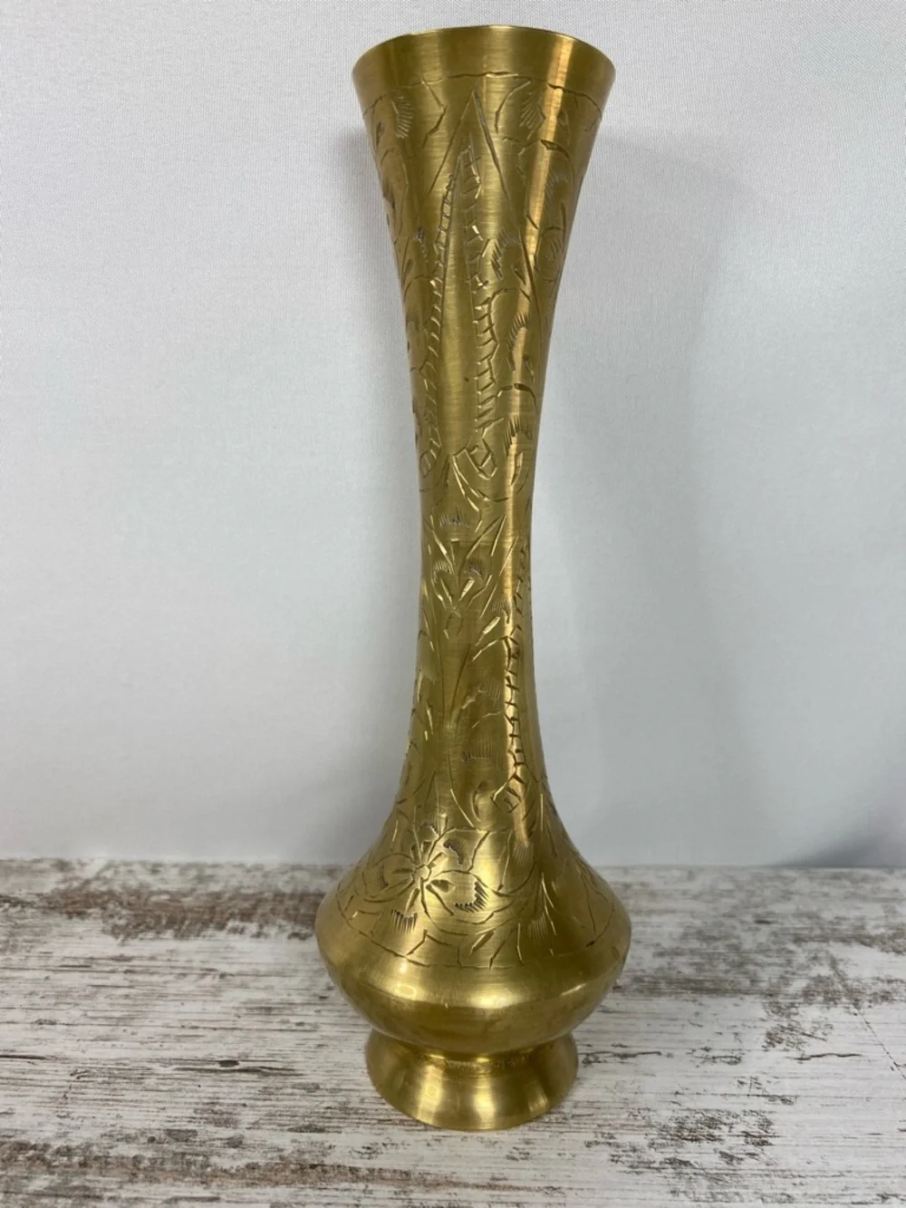 Vintage Brass Vase Etched Floral Mid Century Boho India 8.25”